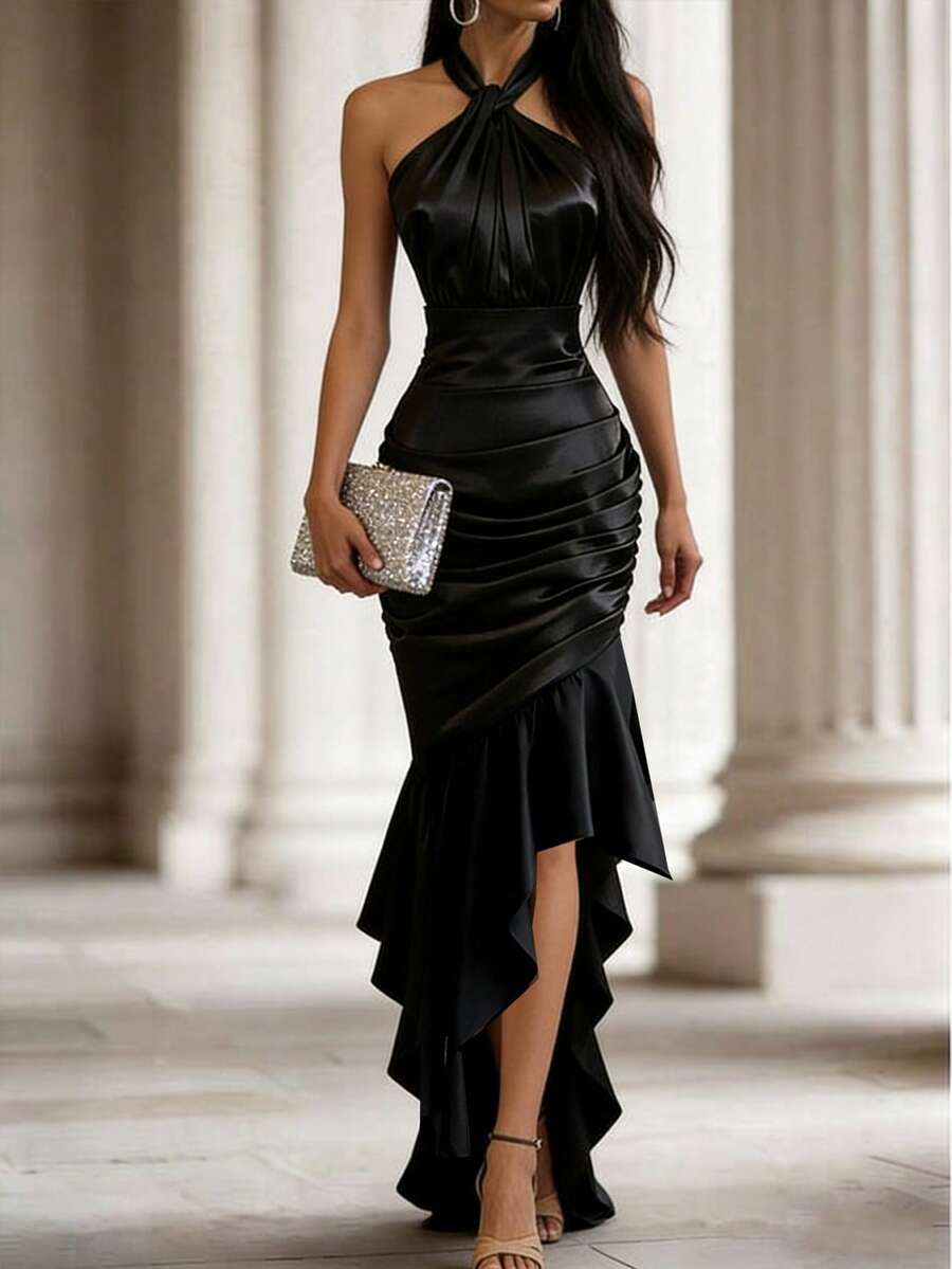 SHEIN Franclia فستان سهرة أسود بياقة حلقية وذيل مكشكش