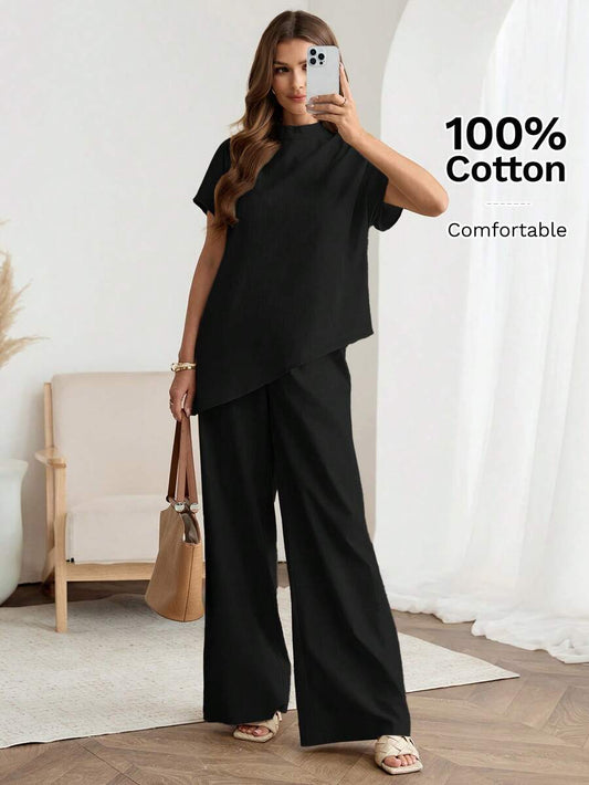 SHEIN Easowa طقم نسائي أنيق قطعتين بياقة عالية وبنطال واسع أسود