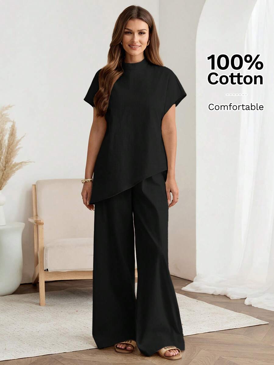 SHEIN Easowa طقم نسائي أنيق قطعتين بياقة عالية وبنطال واسع أسود