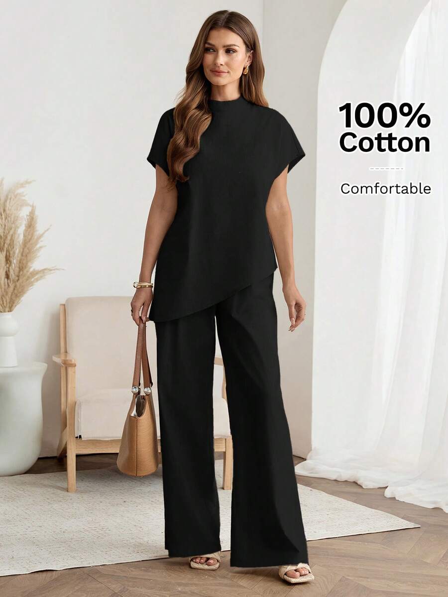 SHEIN Easowa طقم نسائي أنيق قطعتين بياقة عالية وبنطال واسع أسود