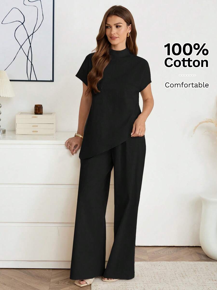SHEIN Easowa طقم نسائي أنيق قطعتين بياقة عالية وبنطال واسع أسود
