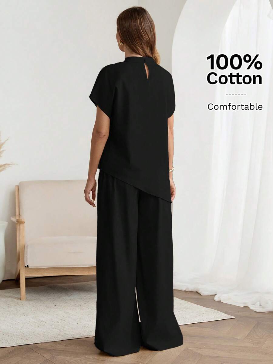 SHEIN Easowa طقم نسائي أنيق قطعتين بياقة عالية وبنطال واسع أسود