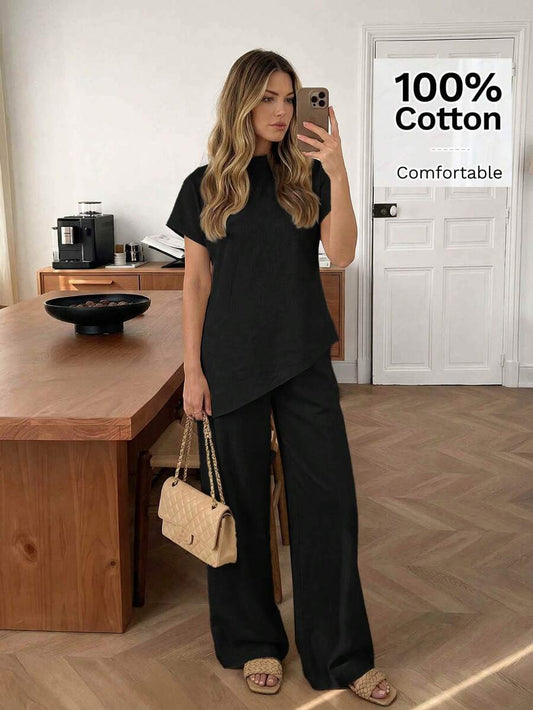 SHEIN Easowa طقم نسائي أنيق قطعتين بياقة عالية وبنطال واسع أسود
