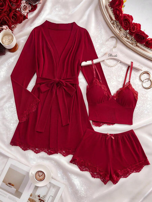 SHEIN طقم لانجري 3 قطع من قميص كامي وشورت وروب بحزام