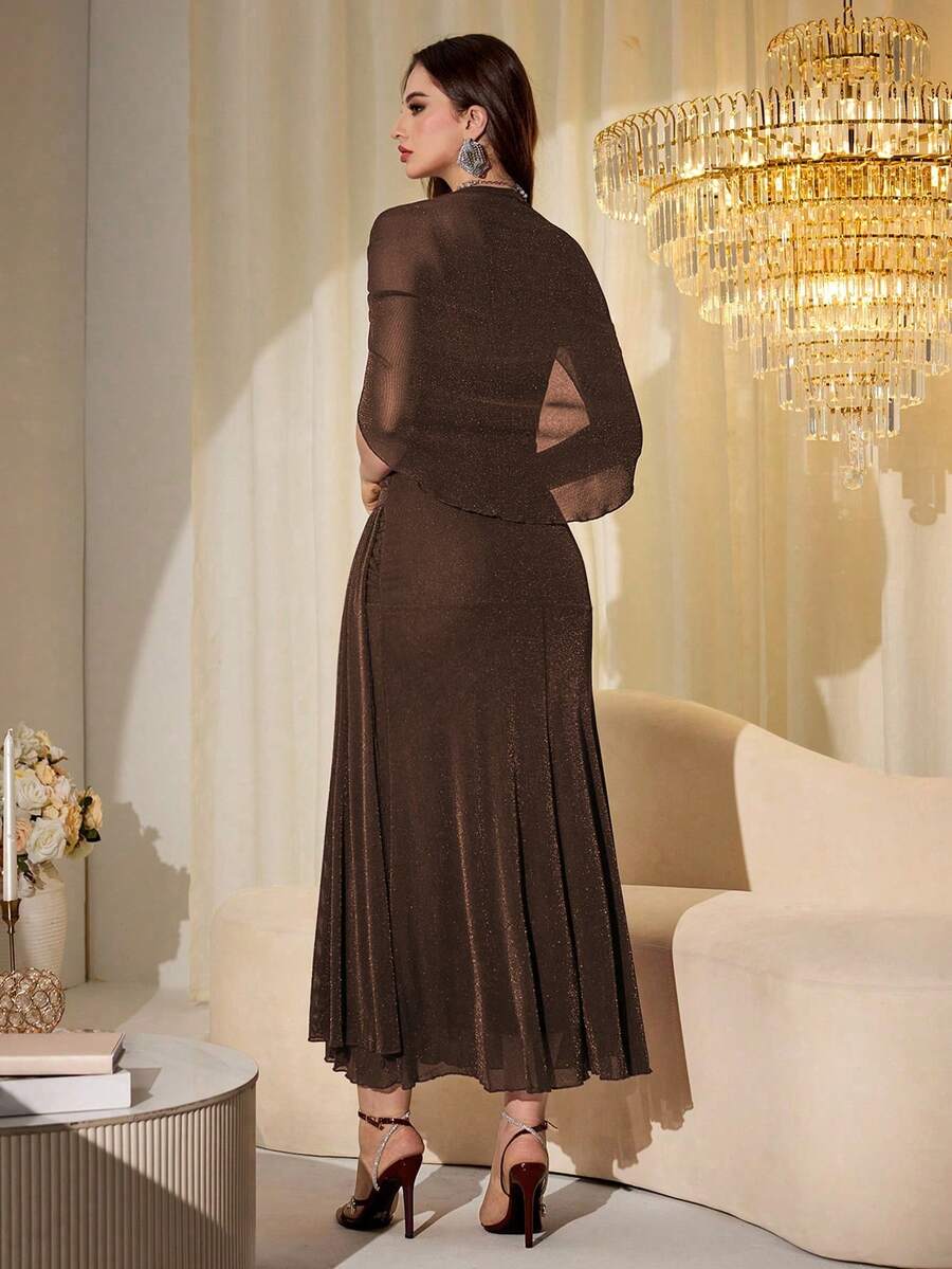 SHEIN Modelyn فستان طويل بأكمام شال من الشبك والخيوط اللامعة