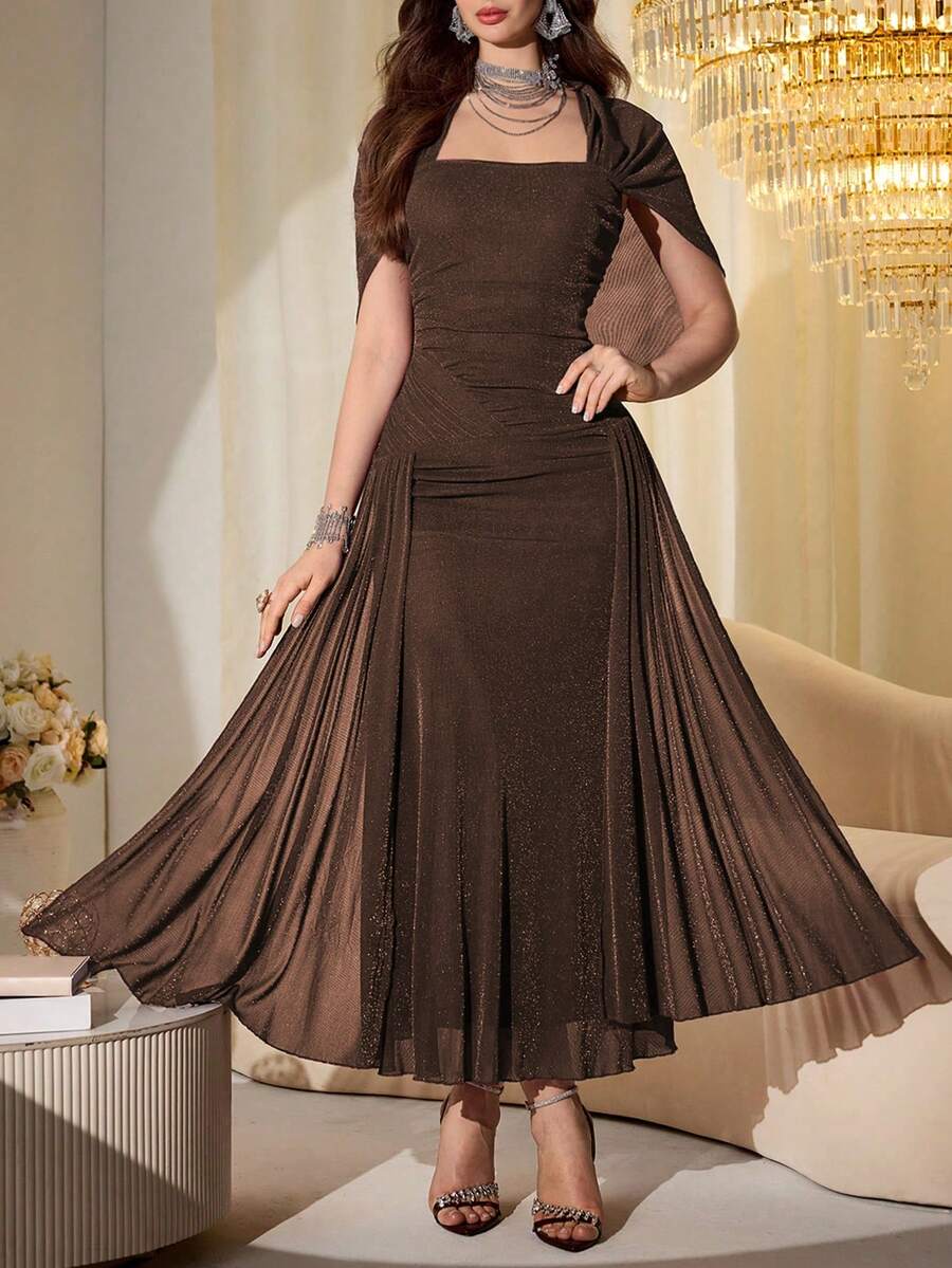 SHEIN Modelyn فستان طويل بأكمام شال من الشبك والخيوط اللامعة