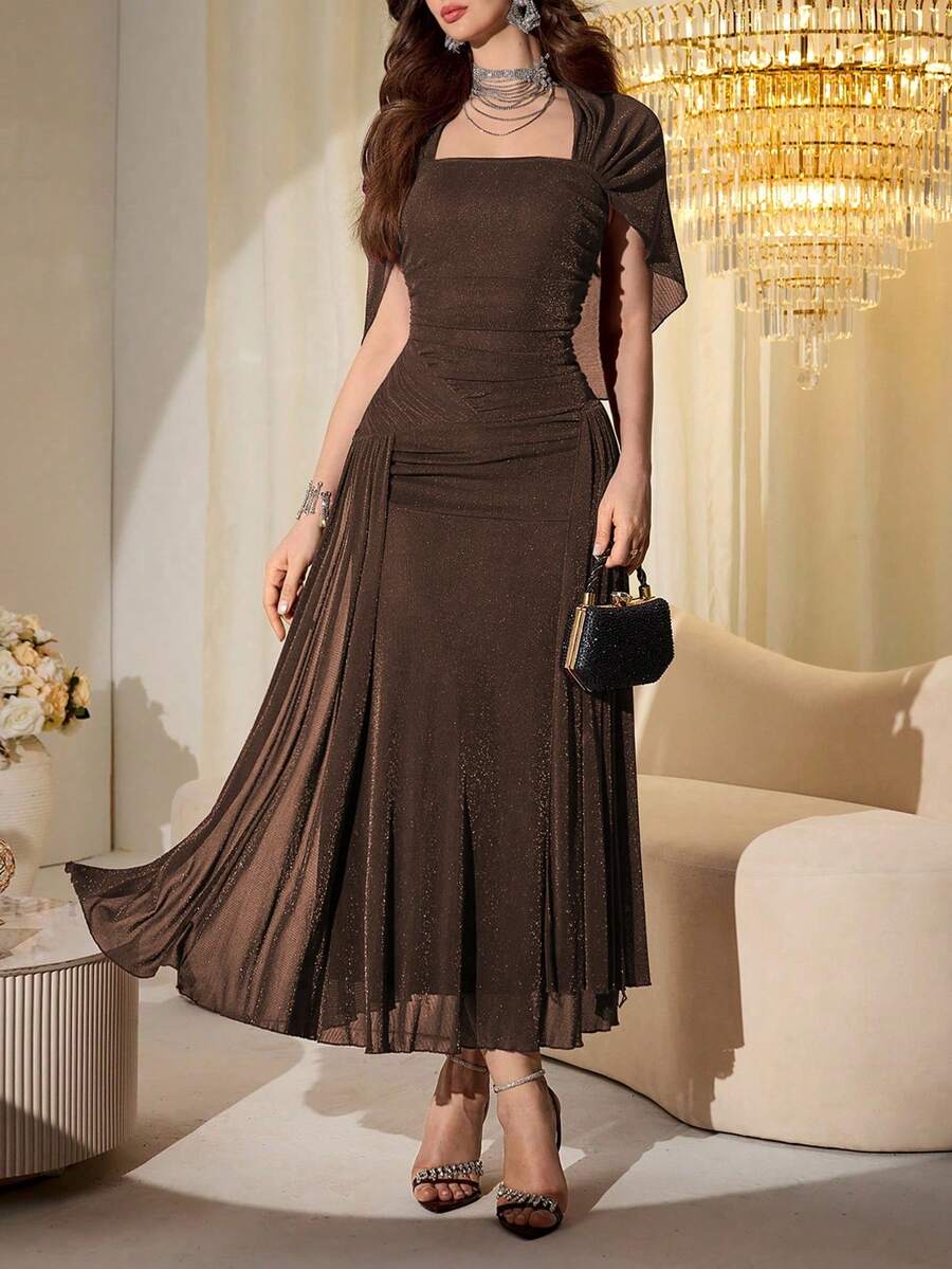 SHEIN Modelyn فستان طويل بأكمام شال من الشبك والخيوط اللامعة