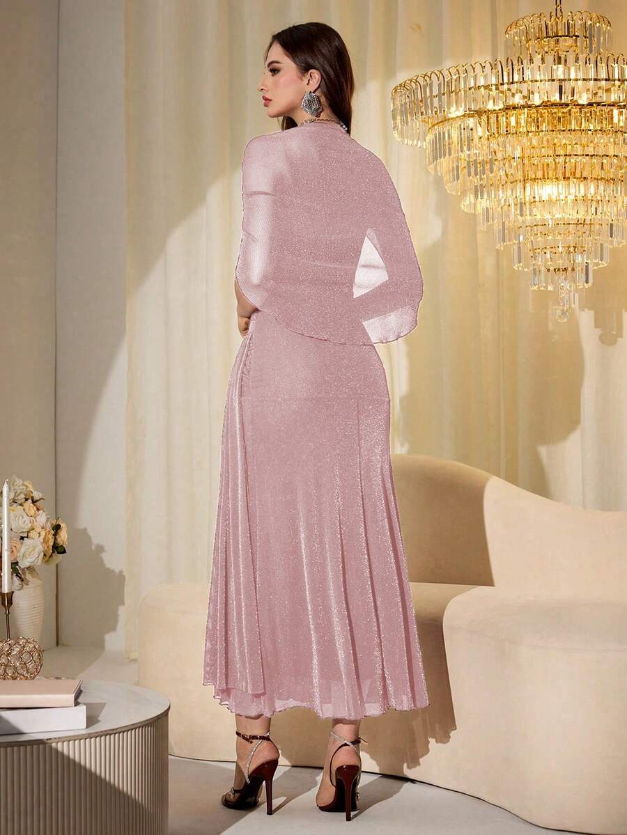 SHEIN Modelyn فستان طويل بأكمام شبكية لامعة بلون وردي فاتح