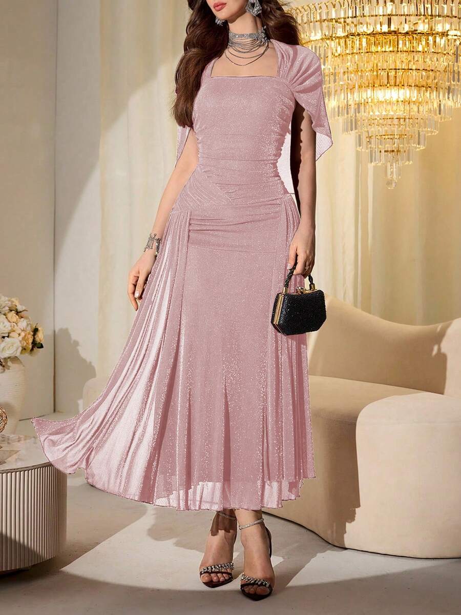 SHEIN Modelyn فستان طويل بأكمام شبكية لامعة بلون وردي فاتح