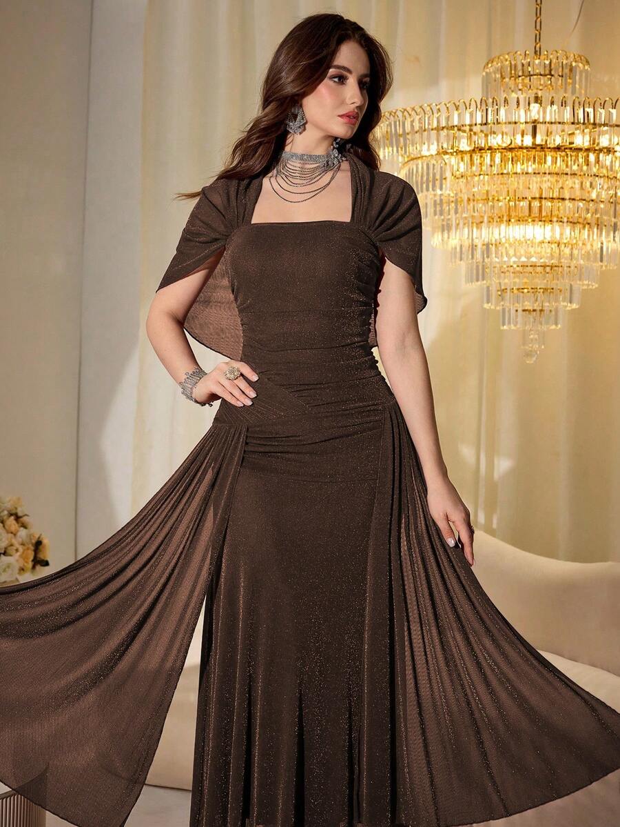 SHEIN Modelyn فستان طويل بأكمام شال من الشبك والخيوط اللامعة