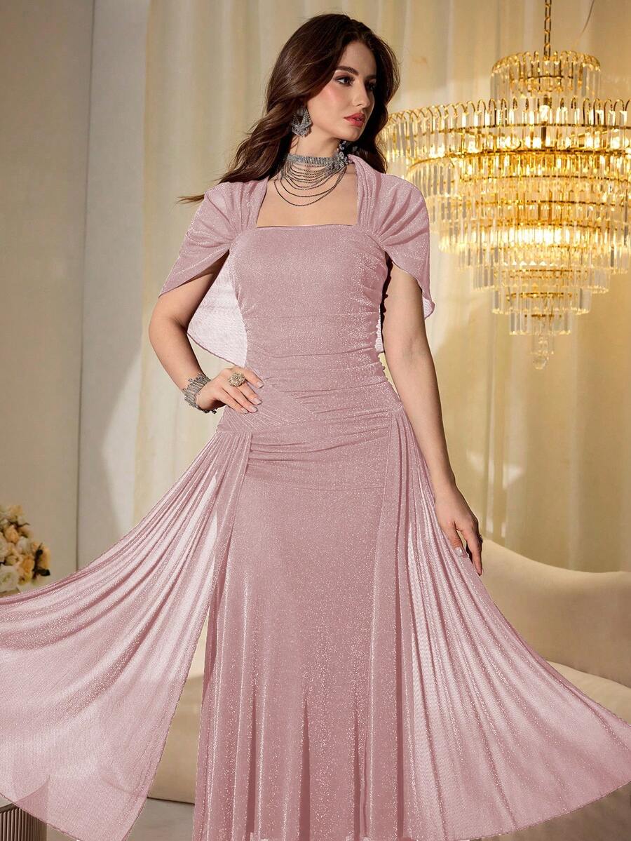 SHEIN Modelyn فستان طويل بأكمام شبكية لامعة بلون وردي فاتح