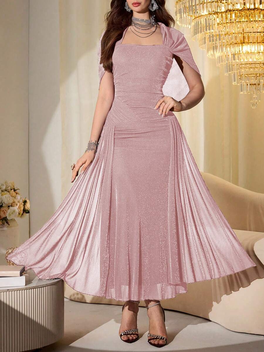 SHEIN Modelyn فستان طويل بأكمام شبكية لامعة بلون وردي فاتح