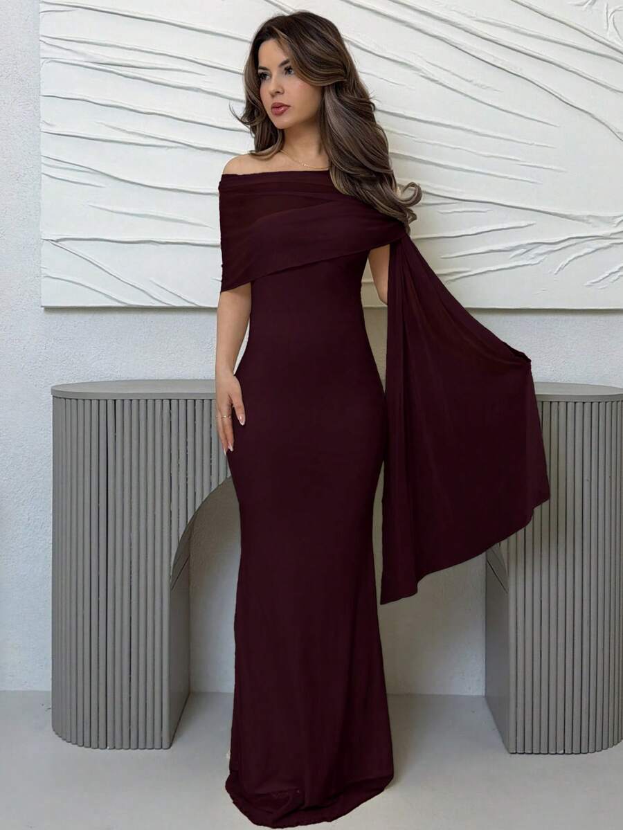 SHEIN Jemour فستان أنيق بلون كستنائي بياقة غير متماثلة