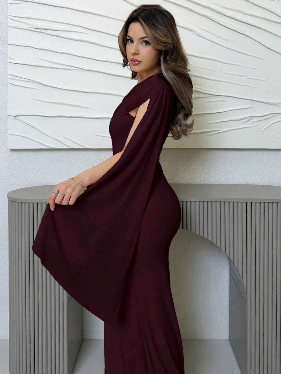 SHEIN Jemour فستان أنيق بلون كستنائي بياقة غير متماثلة