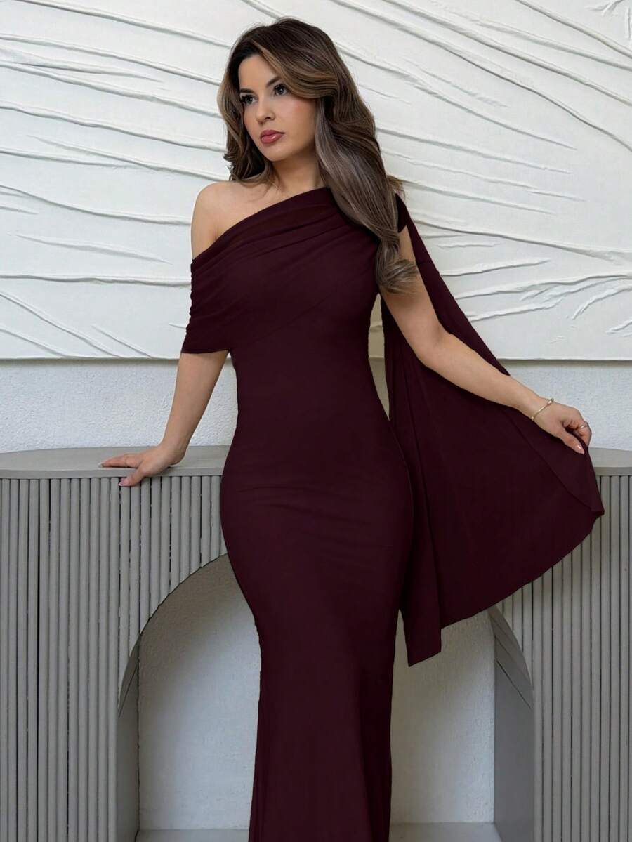 SHEIN Jemour فستان أنيق بلون كستنائي بياقة غير متماثلة