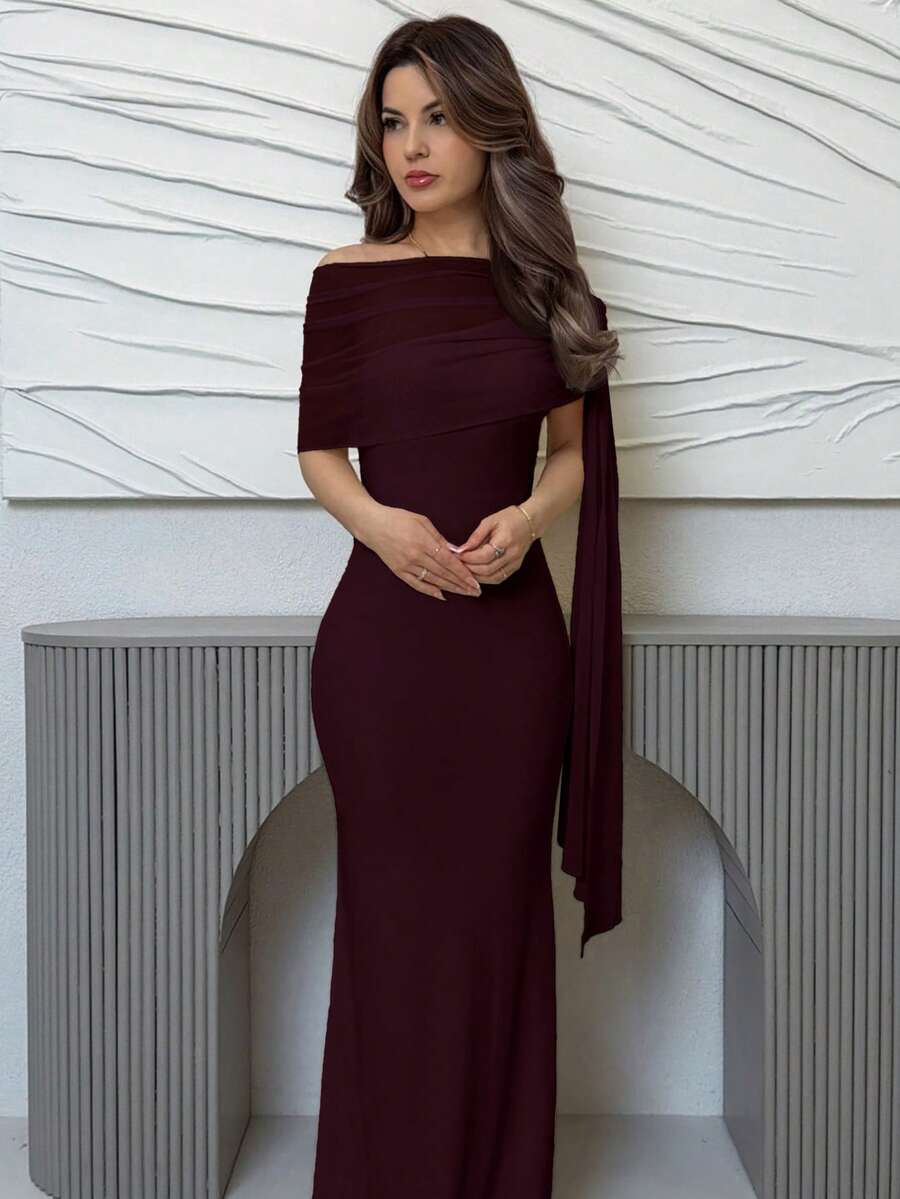 SHEIN Jemour فستان أنيق بلون كستنائي بياقة غير متماثلة