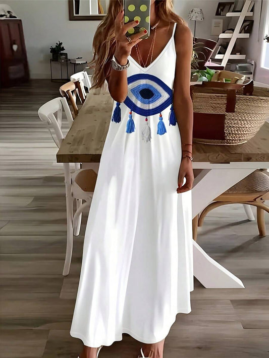 SHEIN فستان أبيض صيفي أنيق بدون أكمام بطبعة عين زرقاء