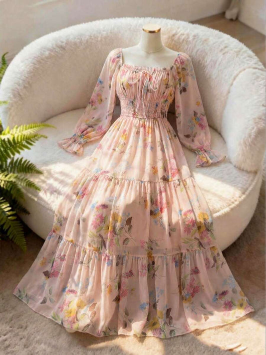 SHEIN GlowEve فستان وردي بطبعة زهور بأكمام طويلة وياقة مربعة