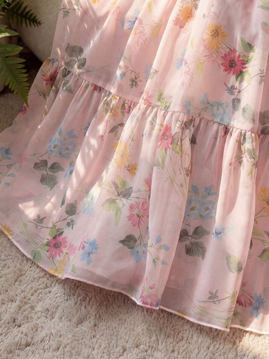 SHEIN GlowEve فستان وردي بطبعة زهور بأكمام طويلة وياقة مربعة