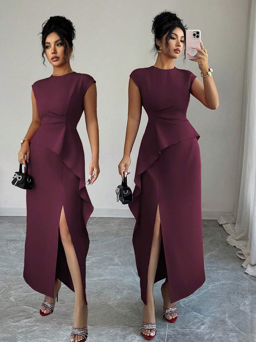 SHEIN Elenzga فستان بياقة مستديرة وخصر مطوي مع كشكشة وشق جانبي
