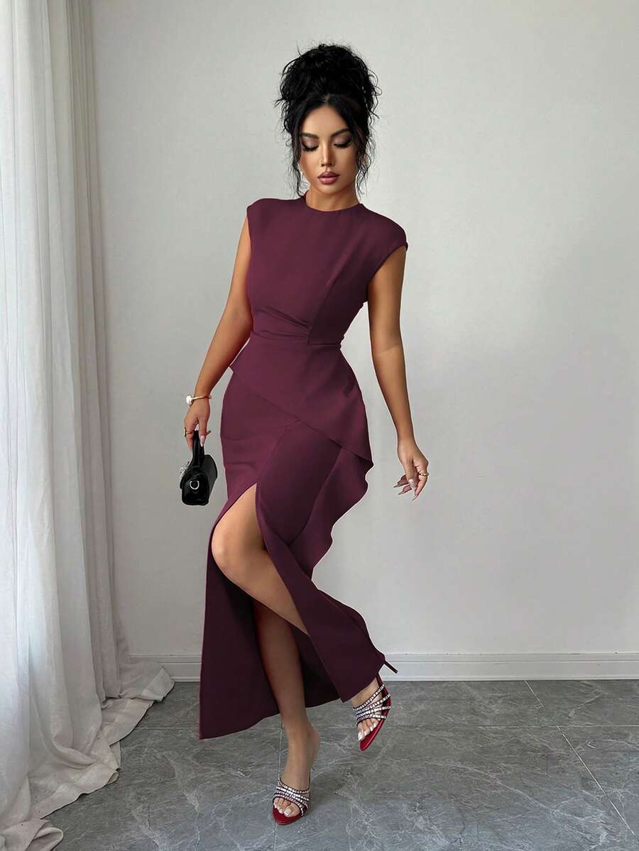 SHEIN Elenzga فستان بياقة مستديرة وخصر مطوي مع كشكشة وشق جانبي