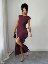 SHEIN Elenzga فستان بياقة مستديرة وخصر مطوي مع كشكشة وشق جانبي