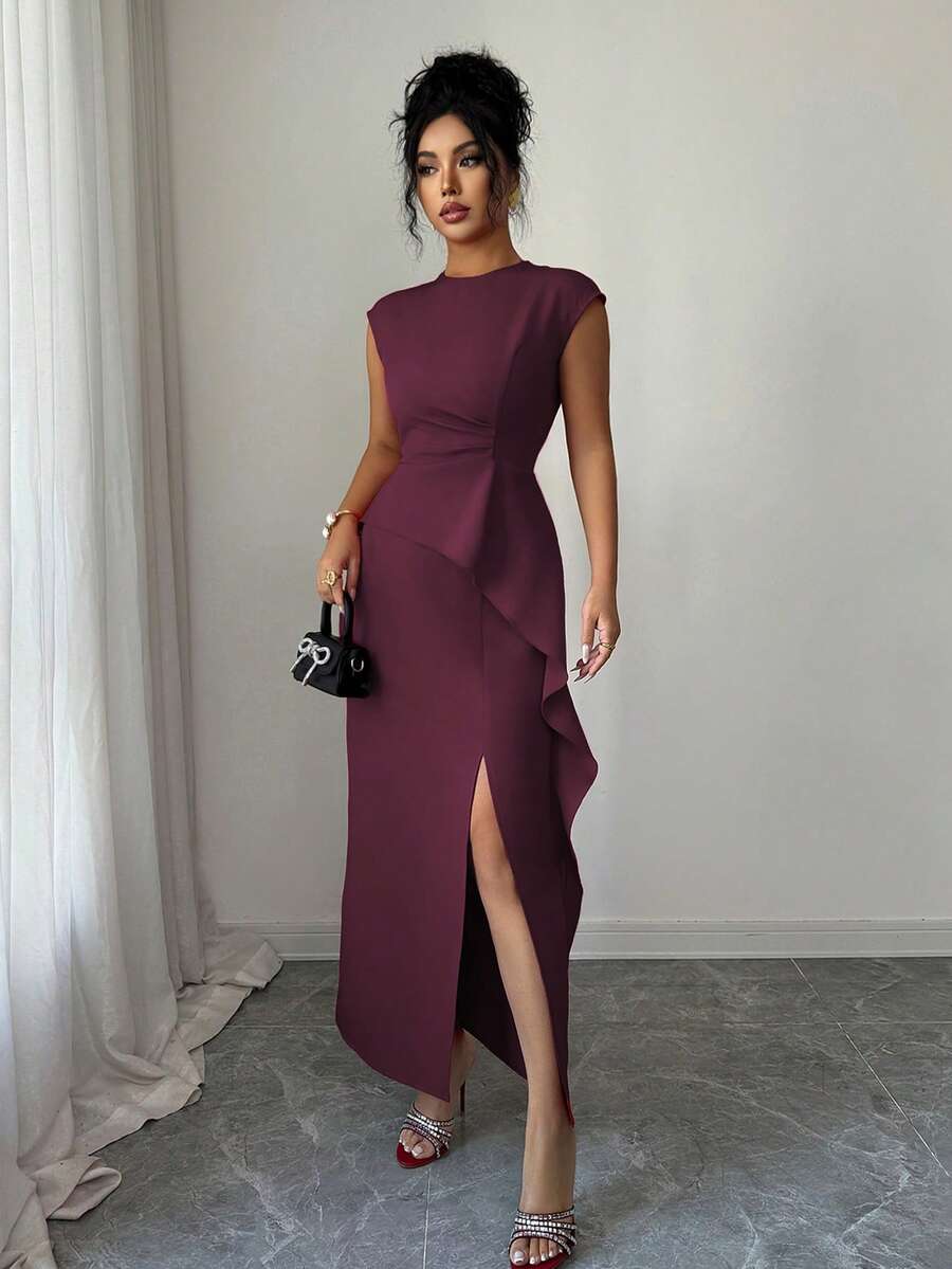 SHEIN Elenzga فستان بياقة مستديرة وخصر مطوي مع كشكشة وشق جانبي