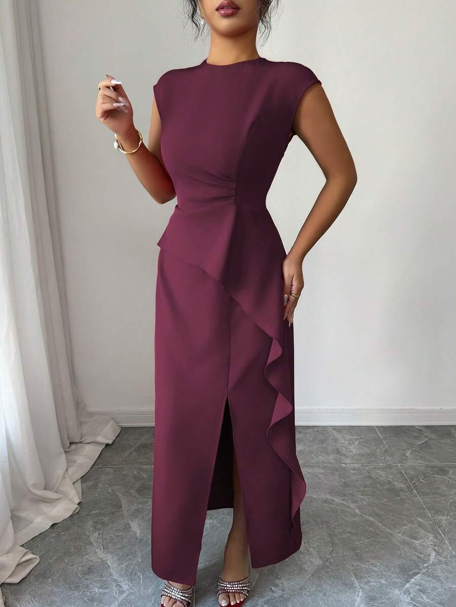 SHEIN Elenzga فستان بياقة مستديرة وخصر مطوي مع كشكشة وشق جانبي
