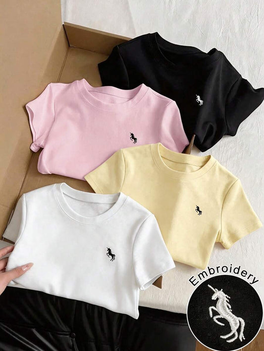 SHEIN Qadelle طقم 4 تي شيرتات كاجوال مطرزة بأكمام قصيرة