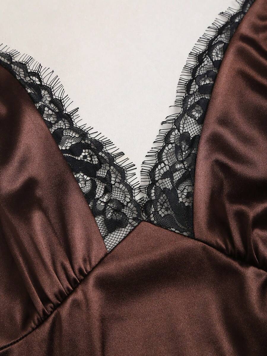 SHEIN Sweetra فستان سهرة مزين بالدانتيل بلون بني داكن