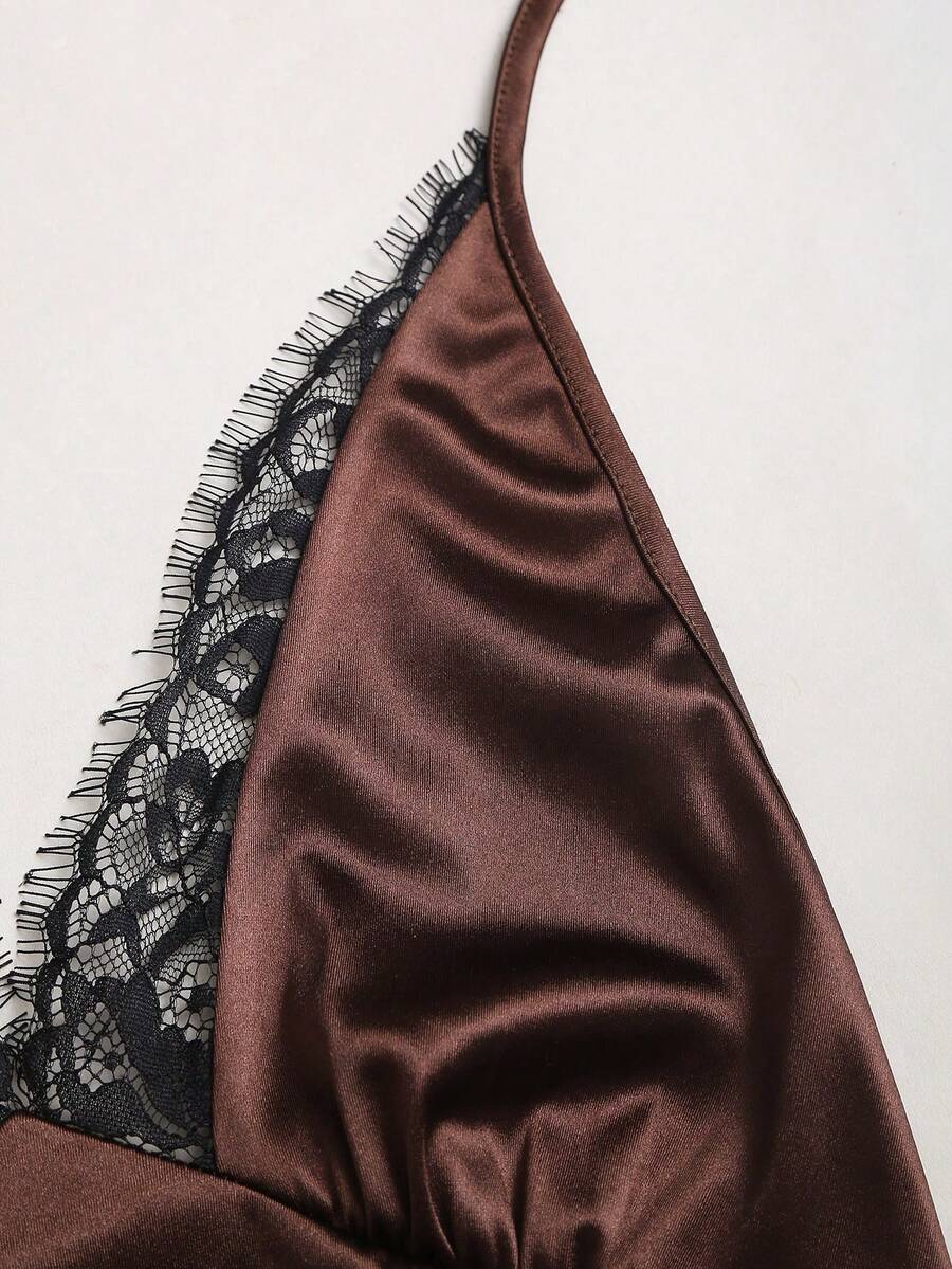 SHEIN Sweetra فستان سهرة مزين بالدانتيل بلون بني داكن