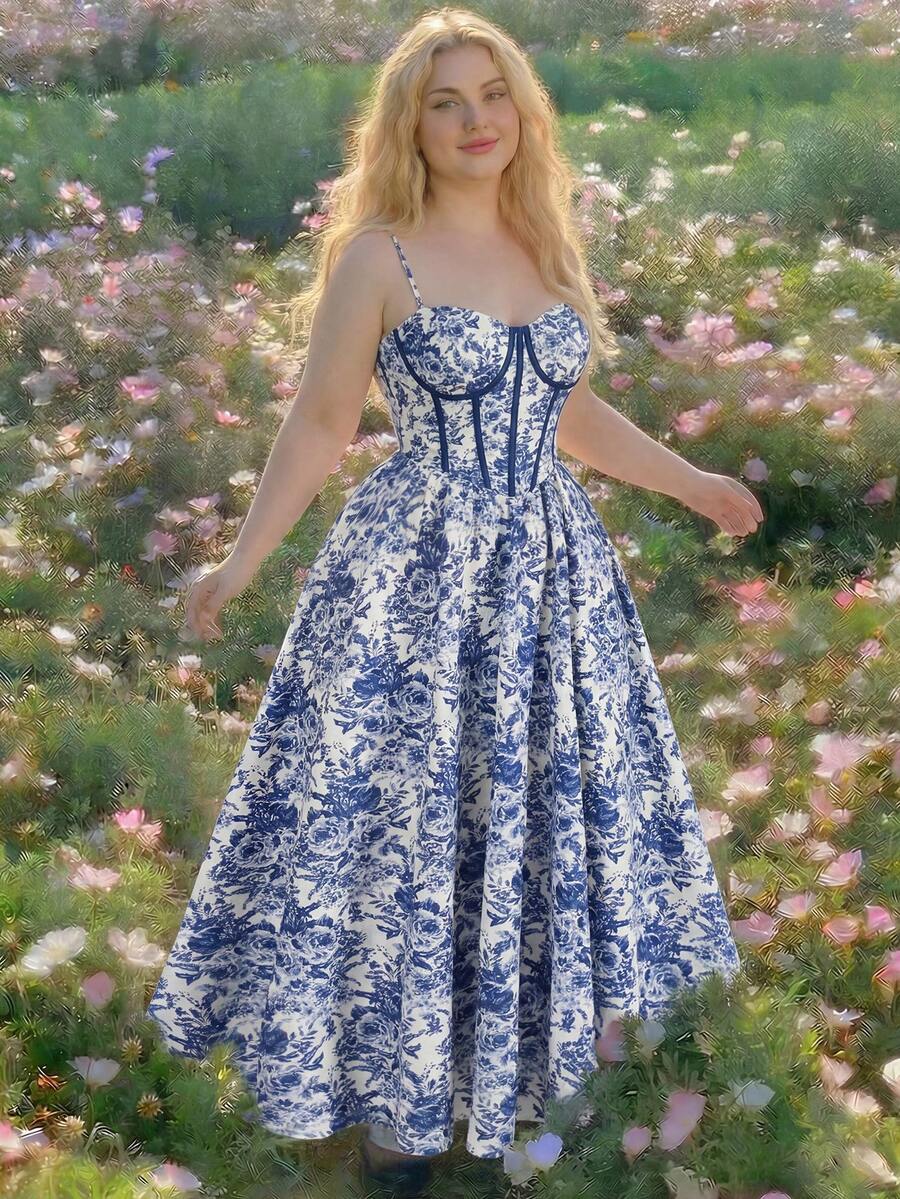 SHEIN MOD فستان كورسيه للمقاسات الكبيرة مخطط بالأزرق والأبيض مع طبعات زهور