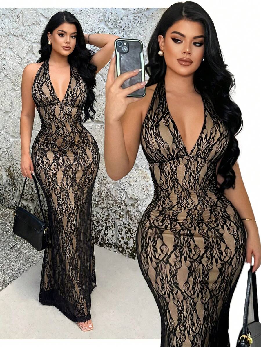 SHEIN SXY فستان أسود برقبة هالتر ودانتيل زهري وحافة حورية البحر وظهر مكشوف