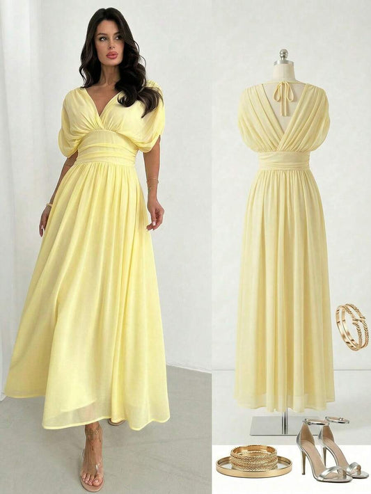 SHEIN Firerie فستان أصفر بكشكشة وأكمام خفافيش بخصر مربوط