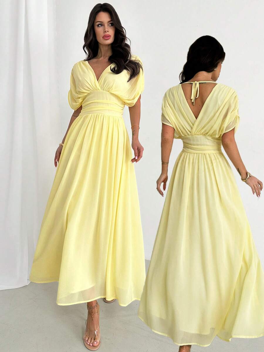 SHEIN Firerie فستان أصفر بكشكشة وأكمام خفافيش بخصر مربوط