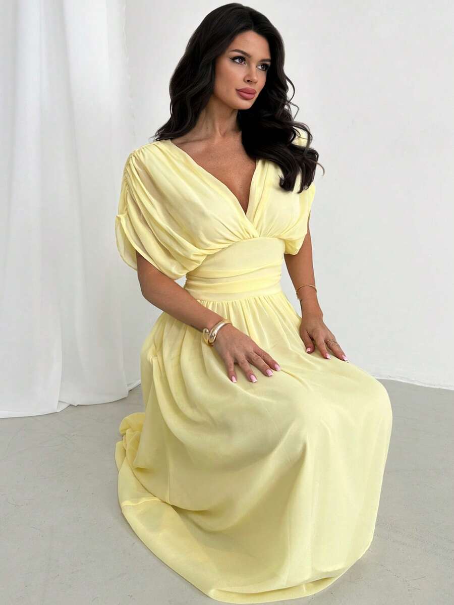 SHEIN Firerie فستان أصفر بكشكشة وأكمام خفافيش بخصر مربوط