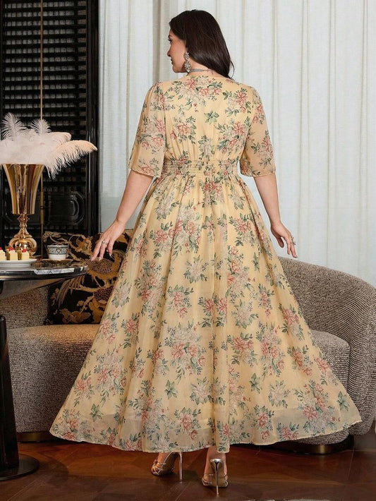 SHEIN Modelyn فستان ماكسي للمقاس الكبير بأكمام قصيرة مكشكشة وخصر مشدود
