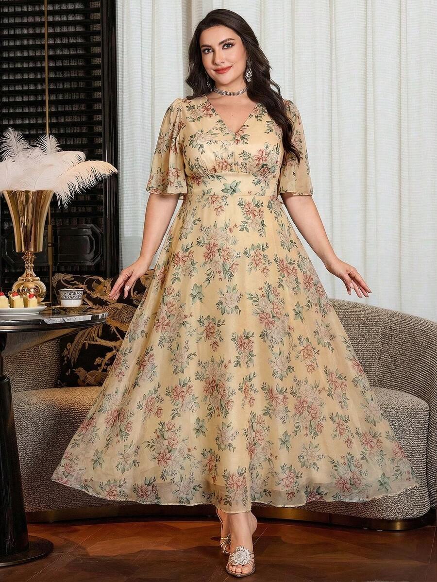 SHEIN Modelyn فستان ماكسي للمقاس الكبير بأكمام قصيرة مكشكشة وخصر مشدود