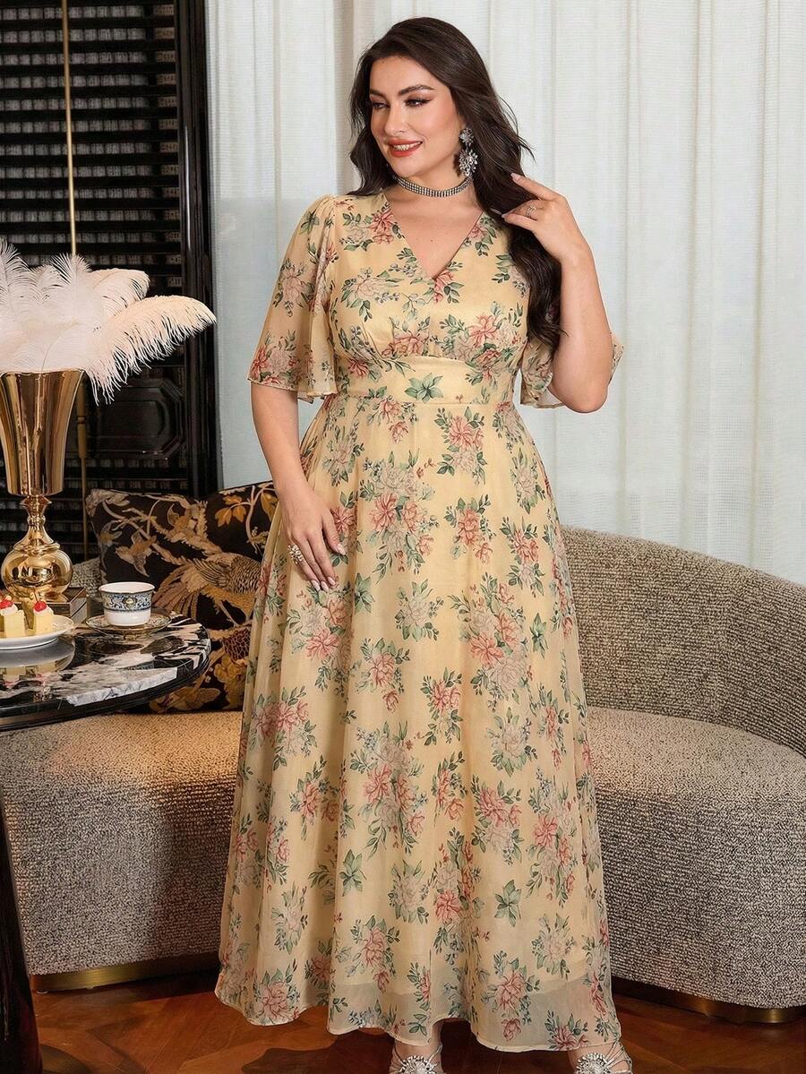 SHEIN Modelyn فستان ماكسي للمقاس الكبير بأكمام قصيرة مكشكشة وخصر مشدود