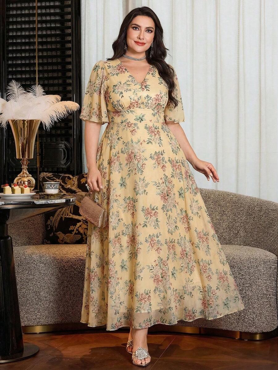 SHEIN Modelyn فستان ماكسي للمقاس الكبير بأكمام قصيرة مكشكشة وخصر مشدود