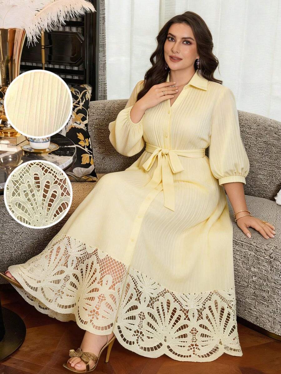 SHEIN Modelyn فستان مقاس كبير بلون أوزة صفراء بتصميم مفتوح وأزرار أمامية