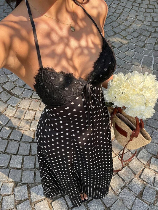 SHEIN Sunnyshic فستان ماكسي أسود بطبعة نقاط وتطريز دانتيل بظهر مكشوف