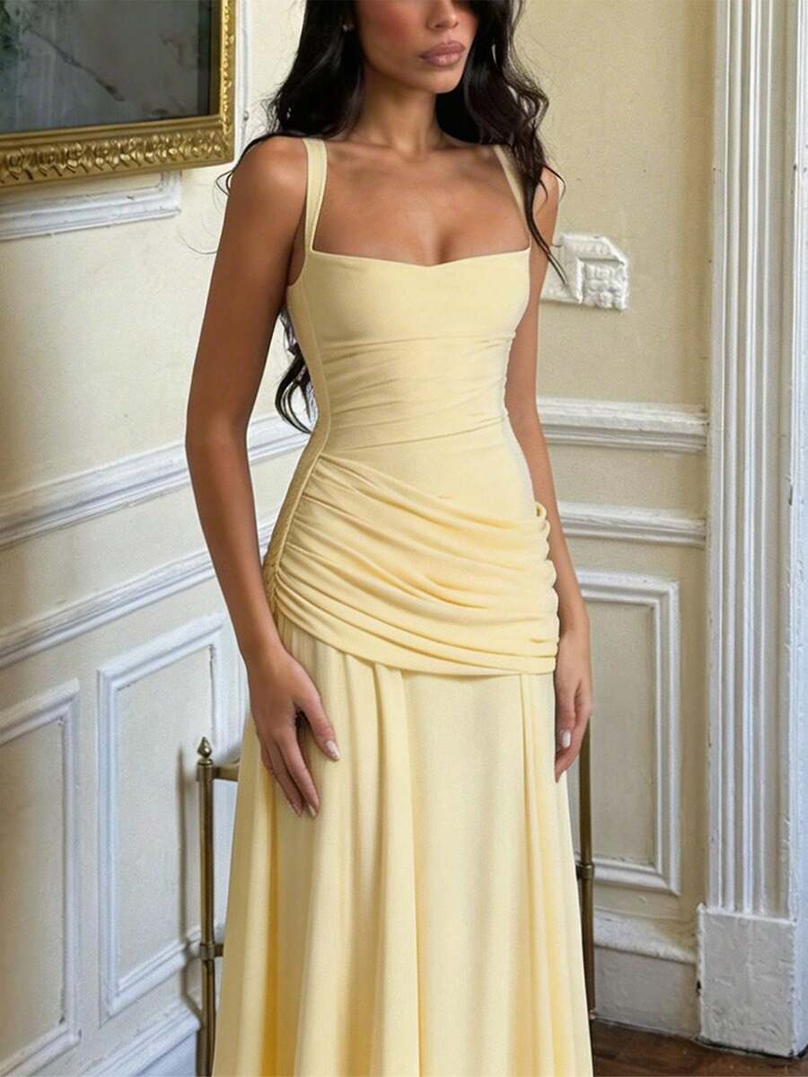 SHEIN فستان ماكسي ضيق بلون أصفر بتصميم متقاطع ومكشكش