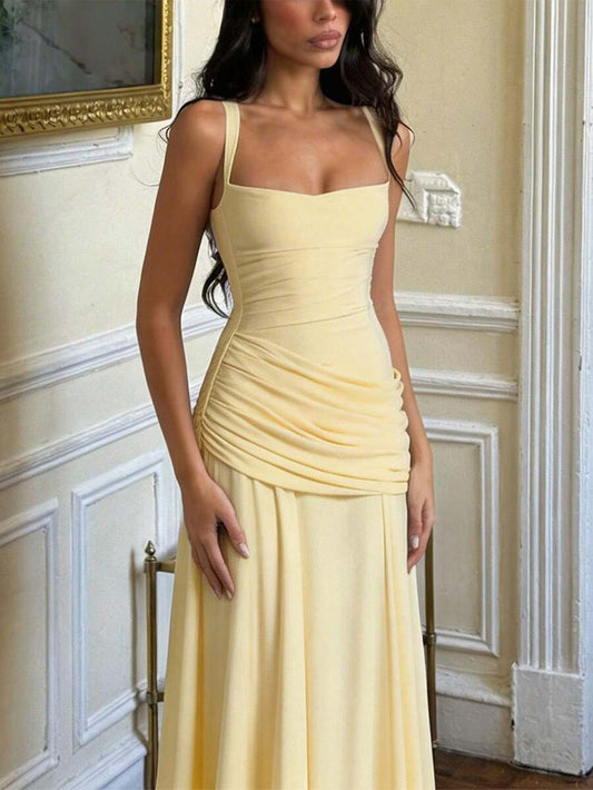 SHEIN فستان ماكسي ضيق بلون أصفر بتصميم متقاطع ومكشكش
