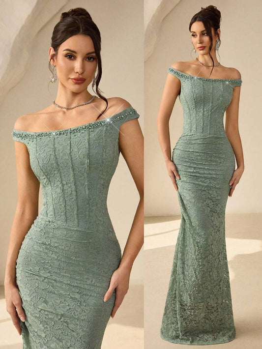 SHEIN Coutiva فستان سهرة أخضر بكتف مكشوف مطرز بالخرز والراين