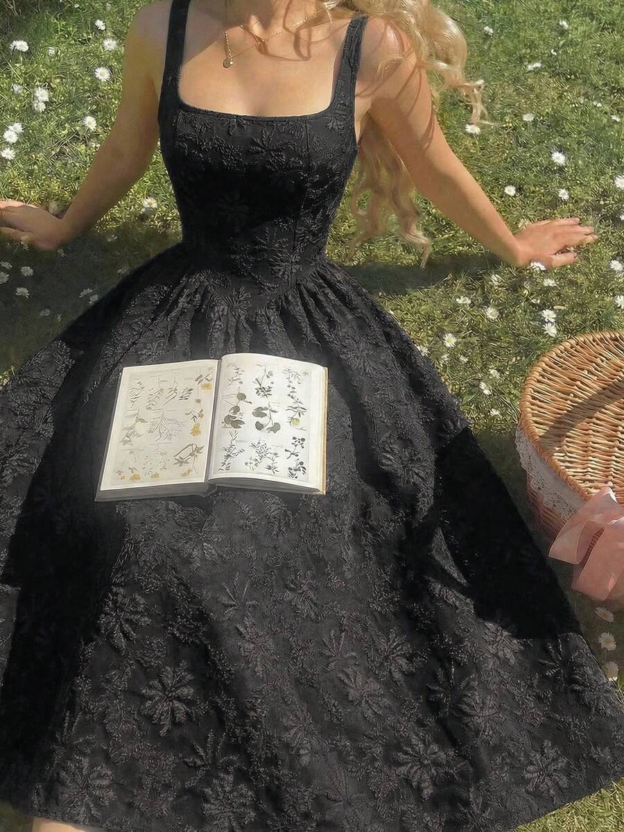 SHEIN Skyraze فستان أسود من الجاكار بطراز فاخر