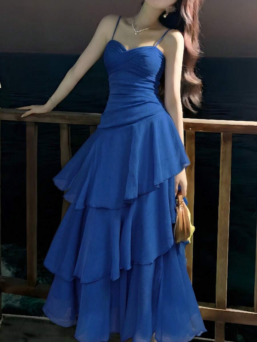SHEIN فستان أنيق بحمالات سباغيتي مكشكشة بلون أزرق
