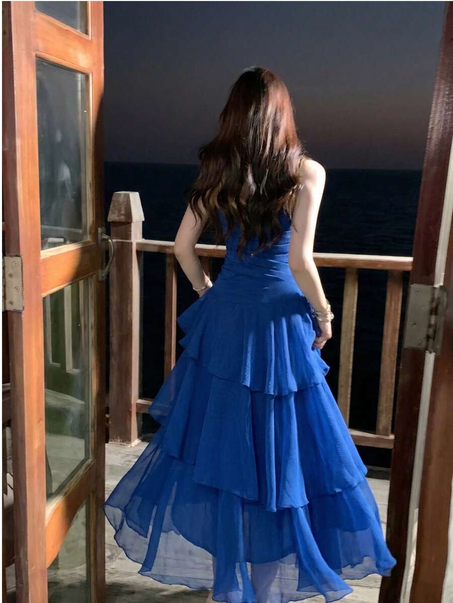 SHEIN فستان أنيق بحمالات سباغيتي مكشكشة بلون أزرق