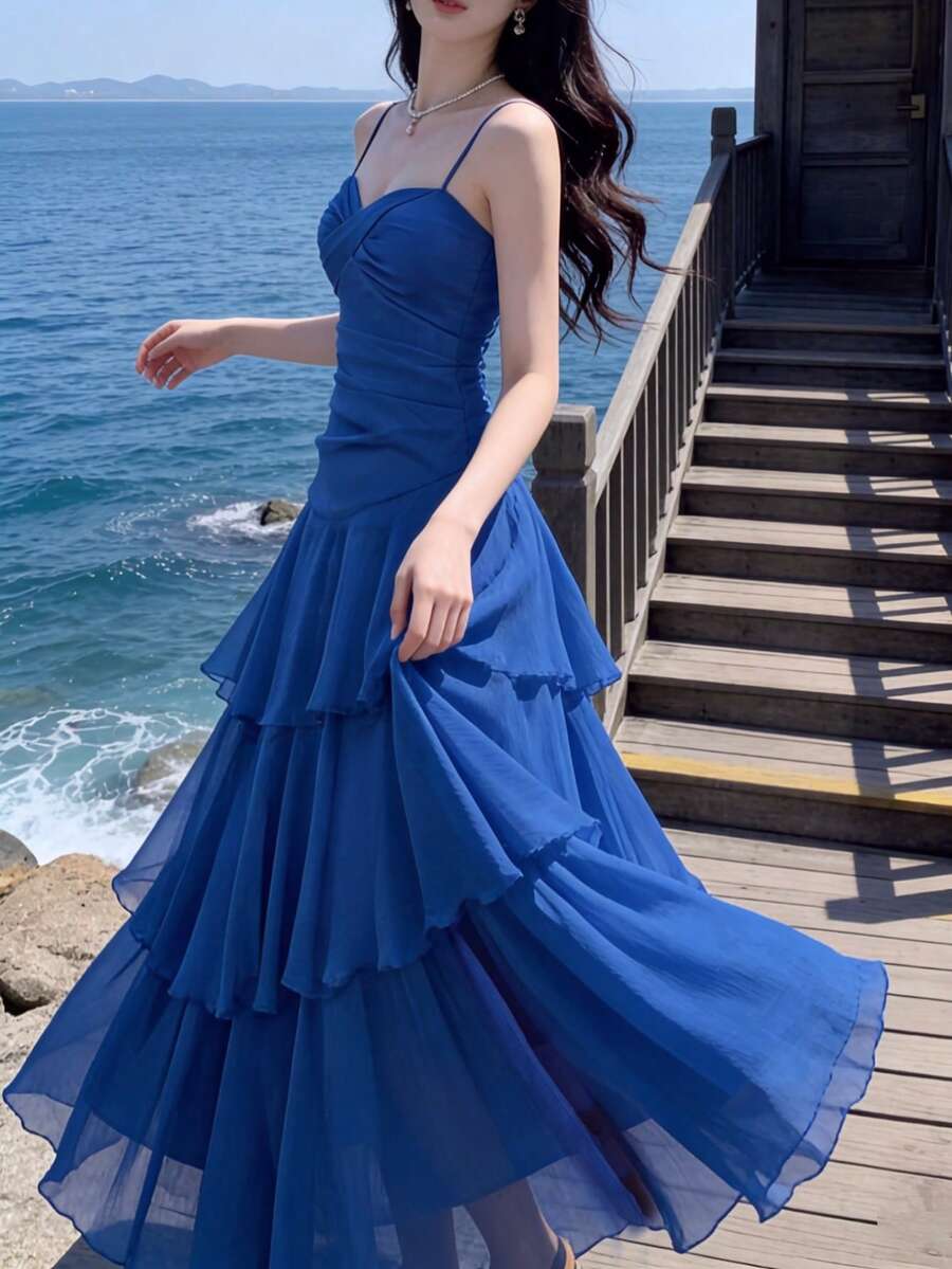 SHEIN فستان أنيق بحمالات سباغيتي مكشكشة بلون أزرق