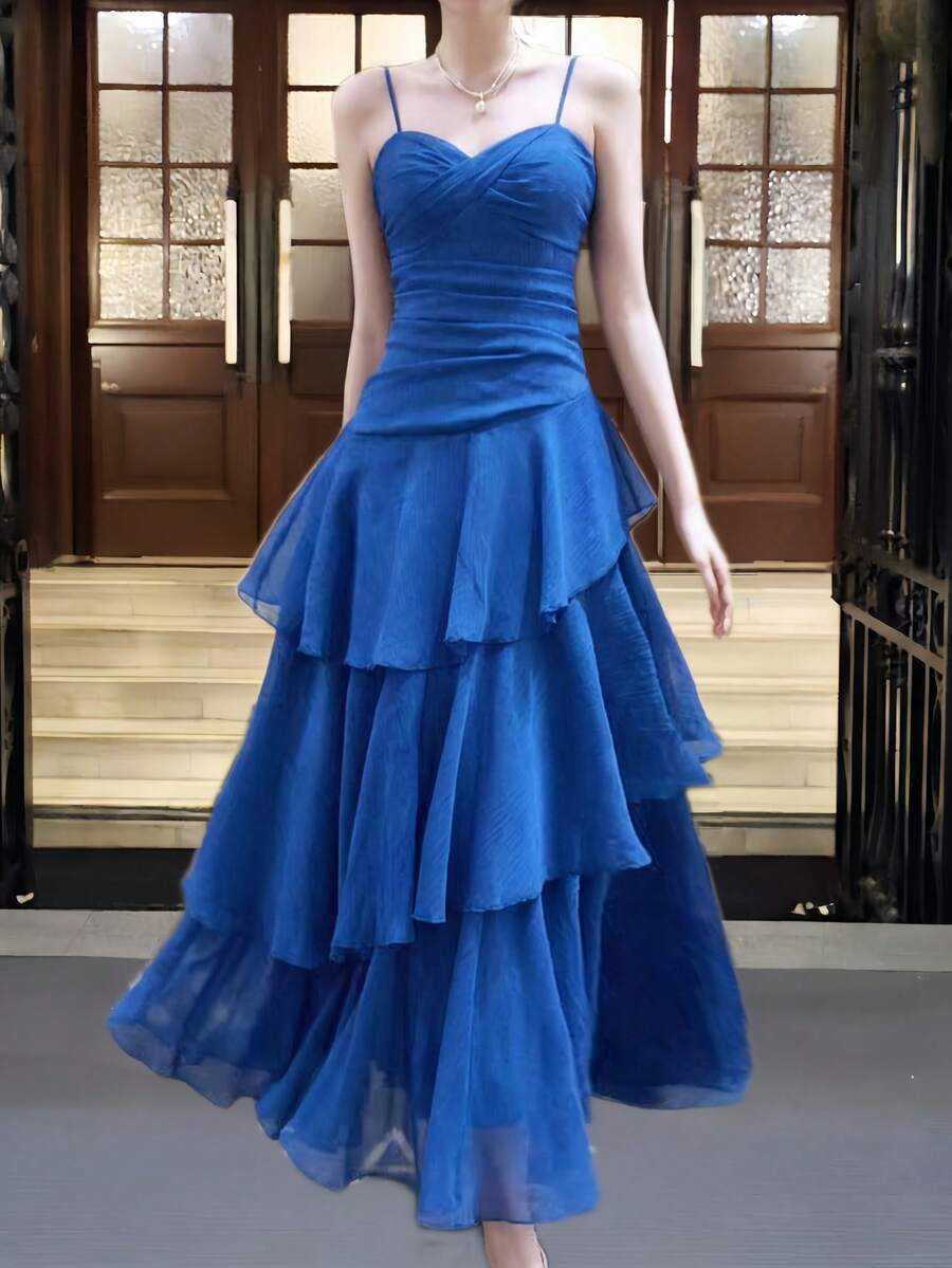 SHEIN فستان أنيق بحمالات سباغيتي مكشكشة بلون أزرق